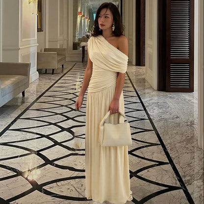 Fashion Sexy Diagonal Collar Pleated Irregular Solid Color Dress