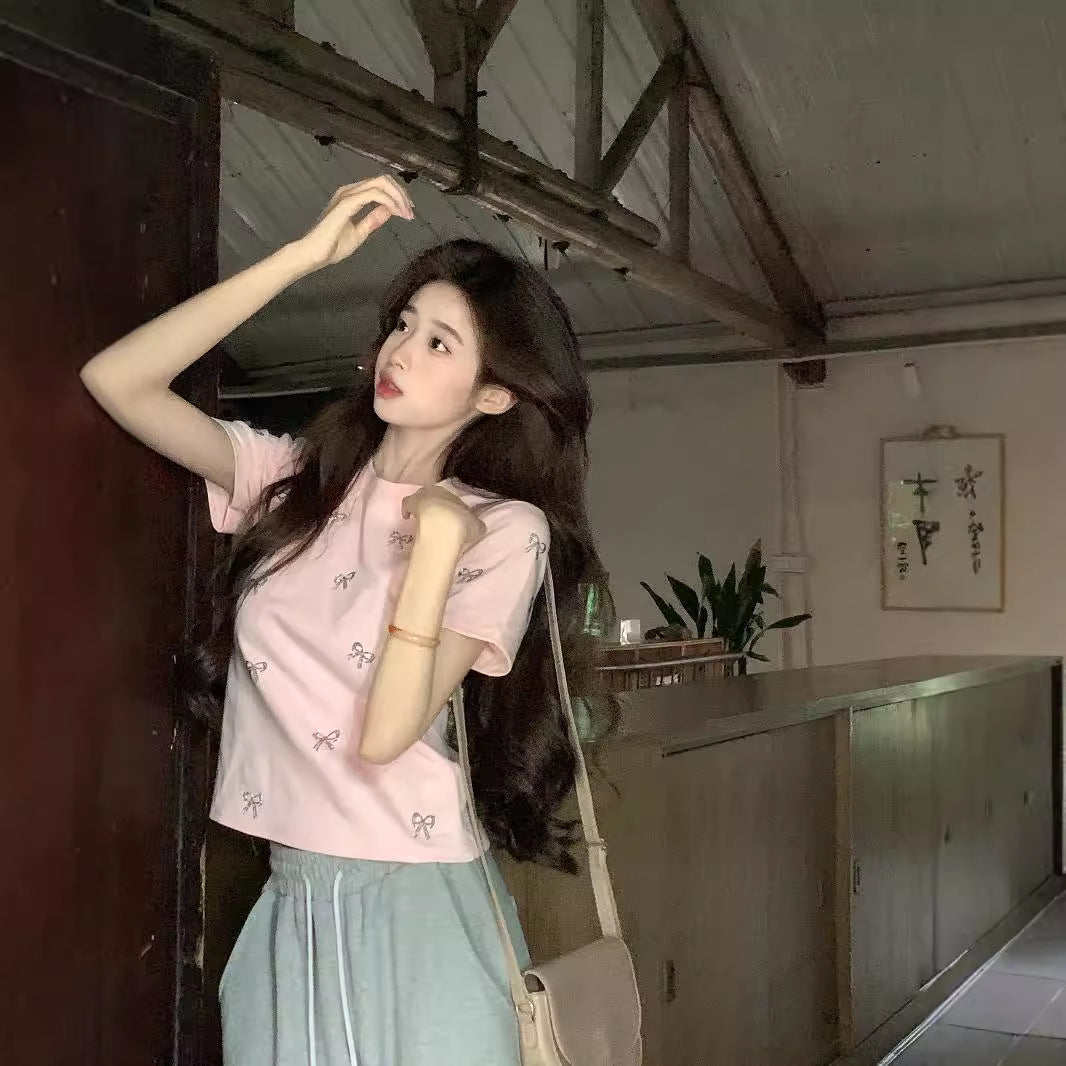 Simple Fashion Butterfly Rhinestone Round Neck Short Sleeve Female Summer