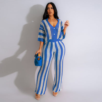 Women's Sexy V-neck Hollow Striped Lapel Knitted Width Blouse And Pants
