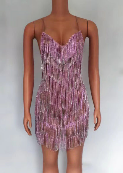Sexy Deep V Rhinestone Tassel Bulk Evening Gown