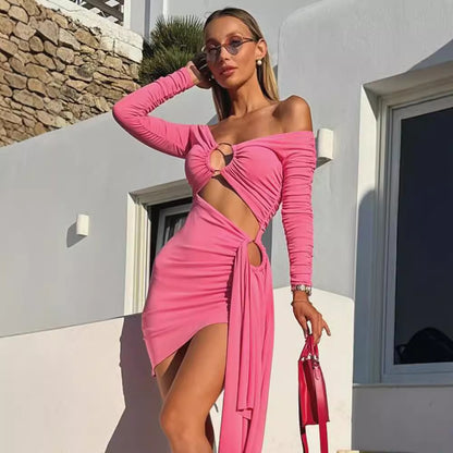 Sexy Off-neck Women's Clothing Solid Color Dress