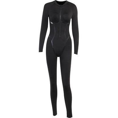 Leather Strap Split Design Sense Sports Style Tight Long Sleeve Jumpsuit
