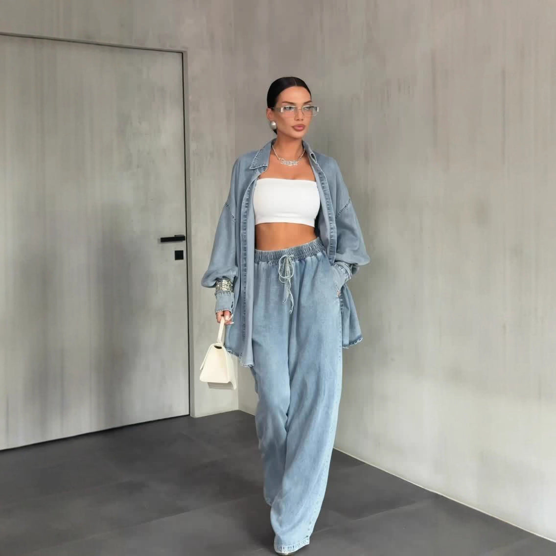 Women's Denim Long Sleeve Button Wide Leg Suit