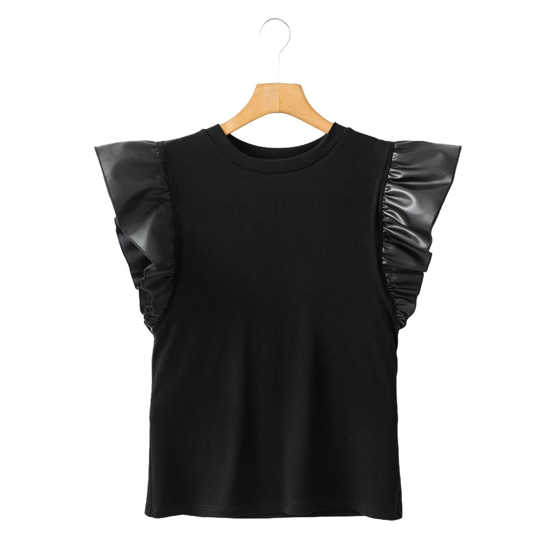 Pullover Women's Mesh Stitching Ruffle Cotton Short Sleeve Solid Color T-shirt