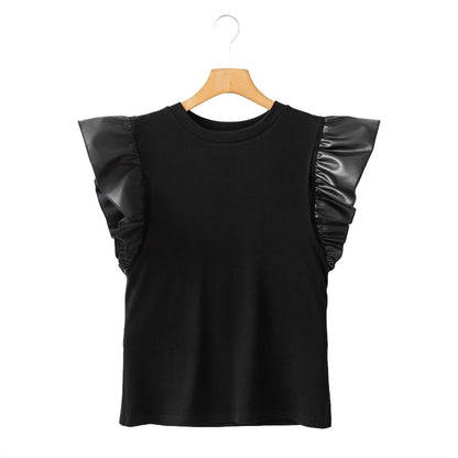 Pullover Women's Mesh Stitching Ruffle Cotton Short Sleeve Solid Color T-shirt