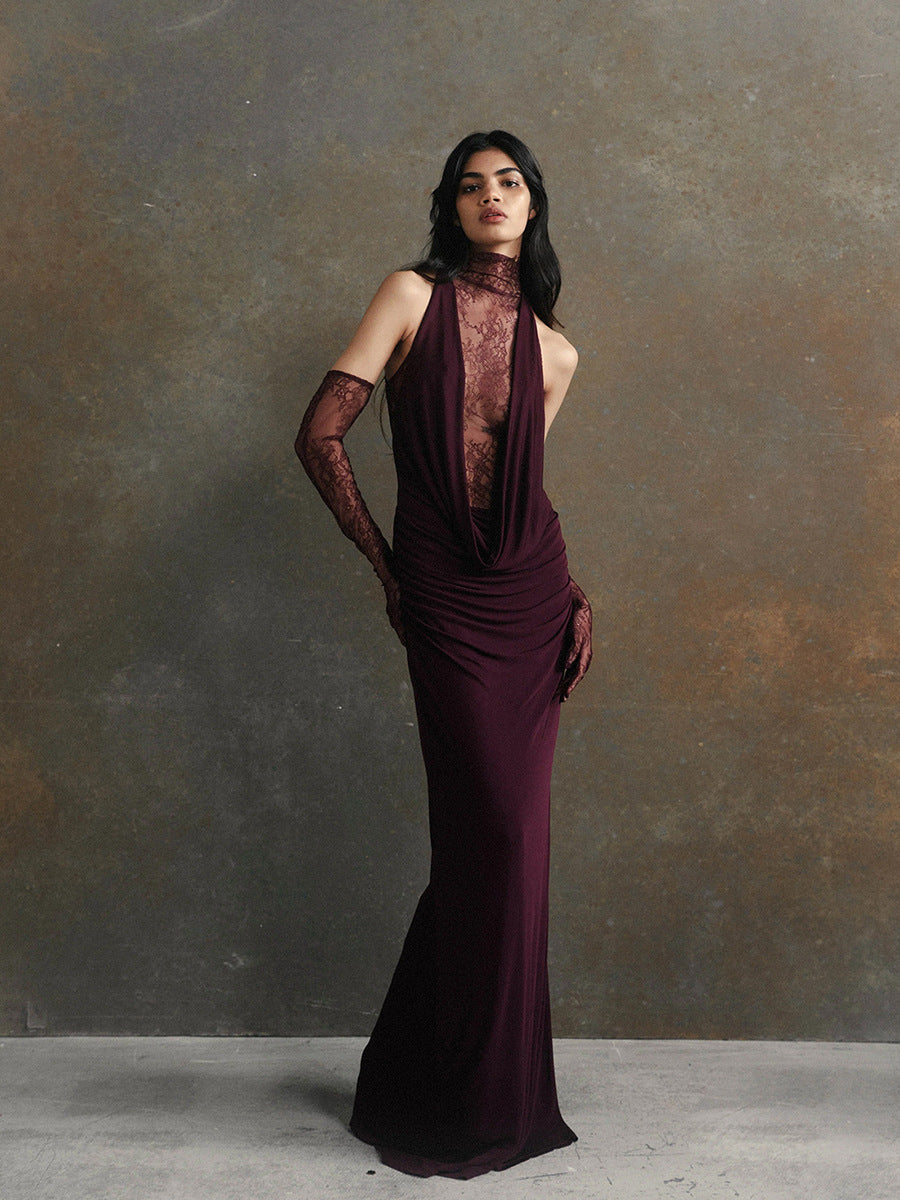 Halter Lace Stitching Sexy Deep V Hot Girl Pleated Evening Dress