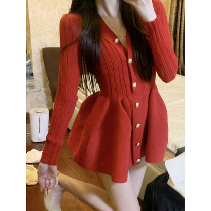 Red Knitted Dress Women's Autumn And Winter Design Sense