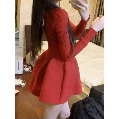 Red Knitted Dress Women's Autumn And Winter Design Sense