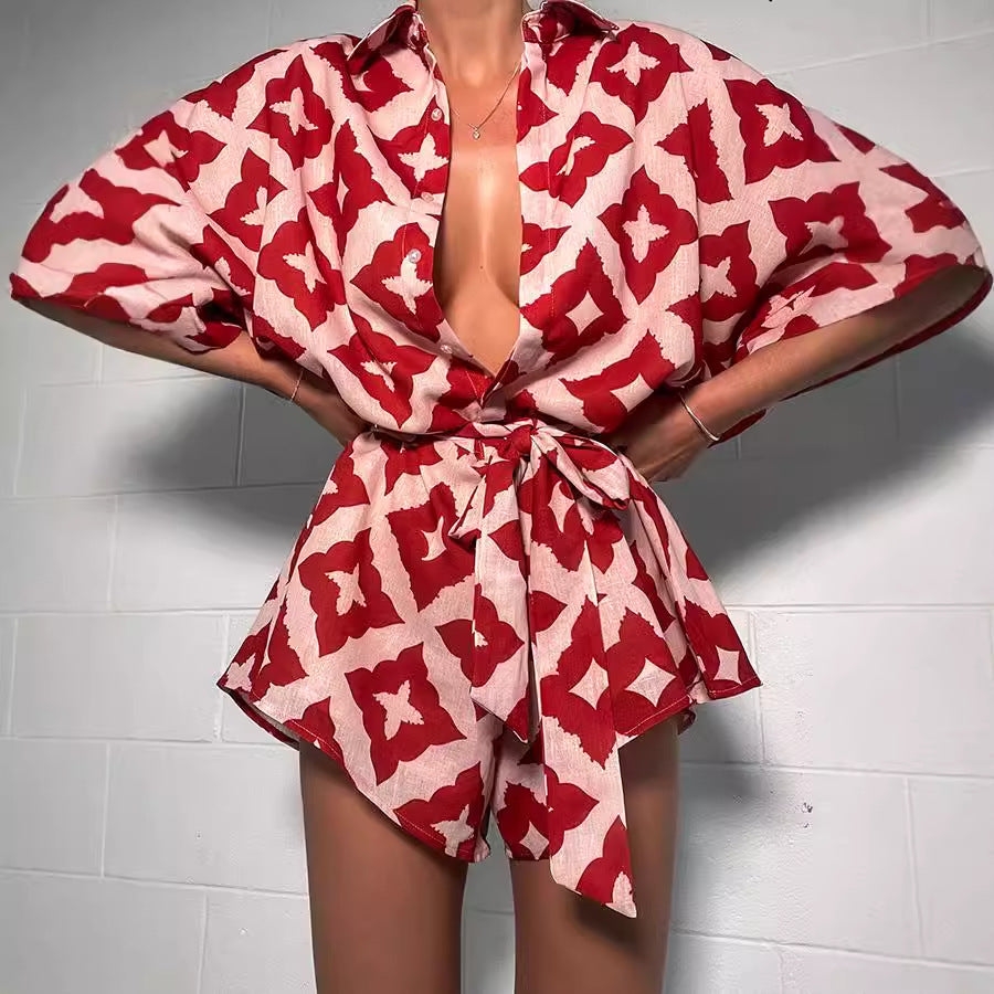 European And American Loose Casual Print Lace-up Jumpsuit Shorts