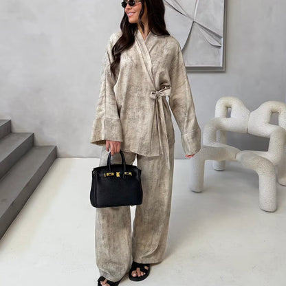 Shirt Embroidery Pants Wide Leg Two-piece Set