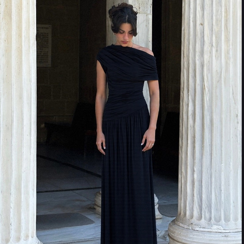 Fashion Sexy Diagonal Collar Pleated Irregular Solid Color Dress