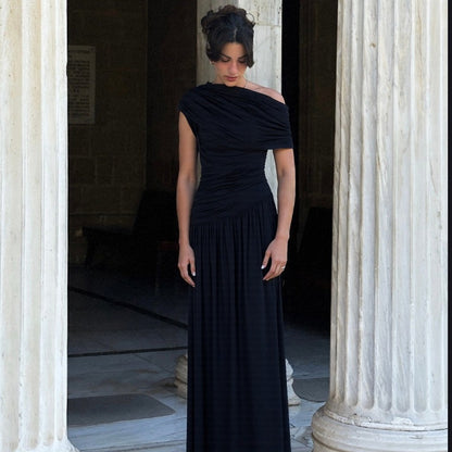 Fashion Sexy Diagonal Collar Pleated Irregular Solid Color Dress