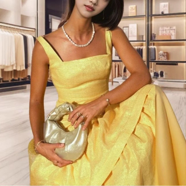 Square Collar Ruffled Spaghetti Straps Dress Elegant Sleeveless