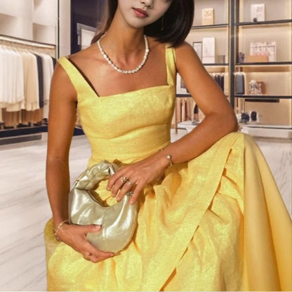 Square Collar Ruffled Spaghetti Straps Dress Elegant Sleeveless