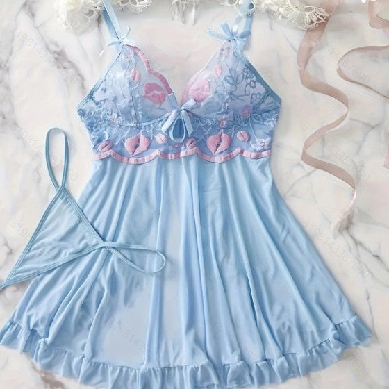 Embroidered Mesh Stitching Mesh Pajamas