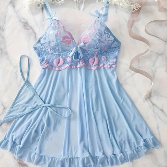 Embroidered Mesh Stitching Mesh Pajamas