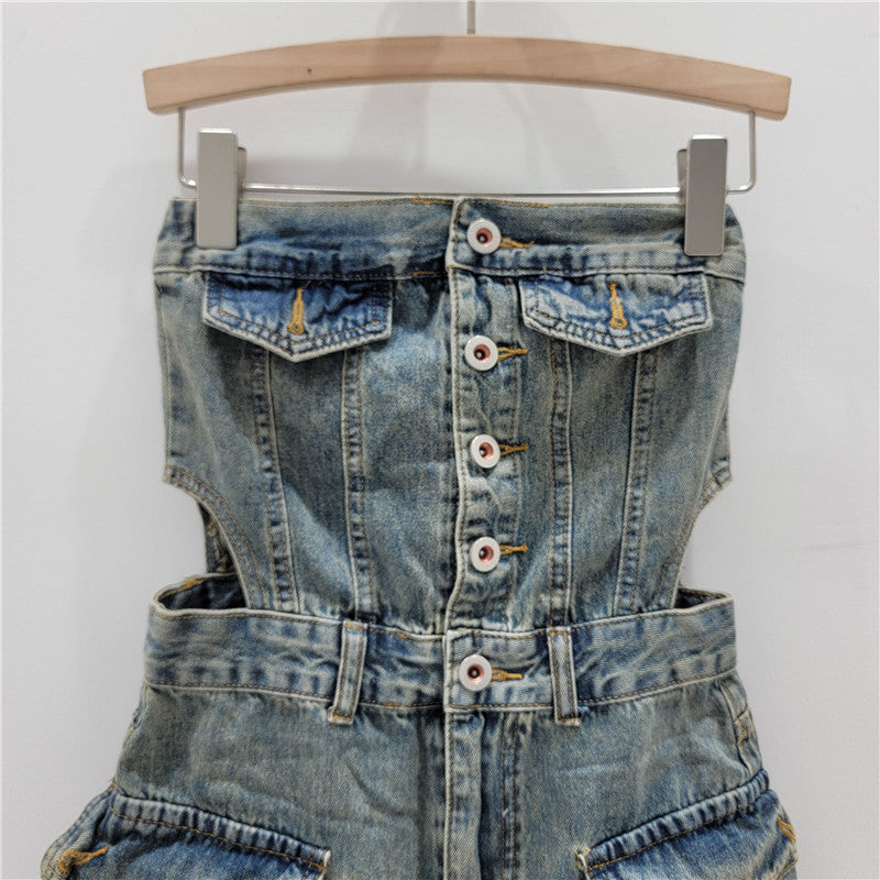 Hot Girl Breasted Hollow-out Midriff Tube Top Cowboy Siamese Shorts For Women