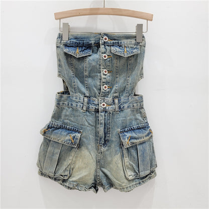 Hot Girl Breasted Hollow-out Midriff Tube Top Cowboy Siamese Shorts For Women