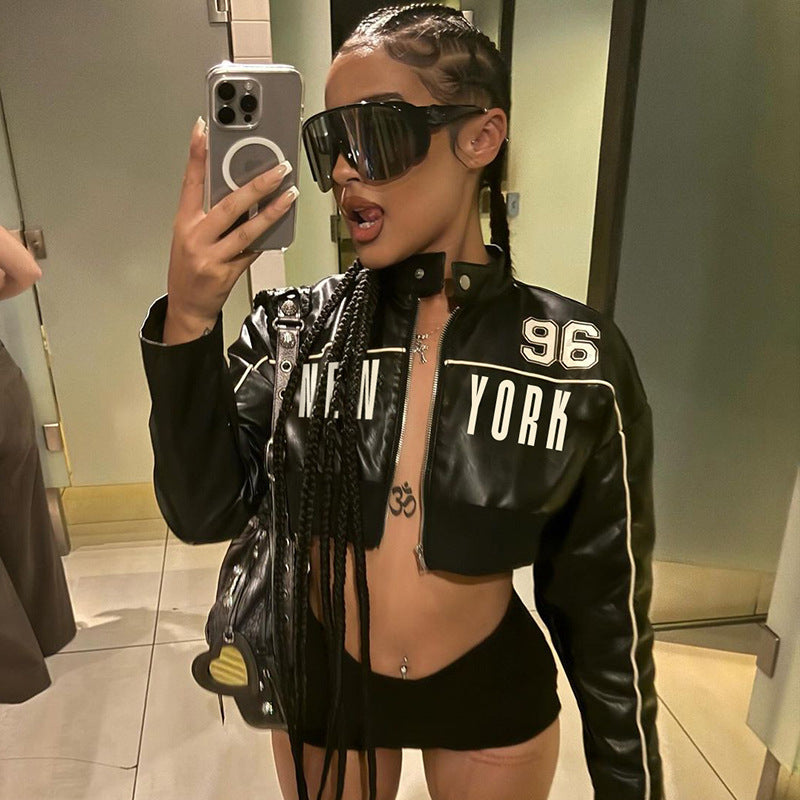 Fashionable Letter Printed PU Leather Jacket For Women