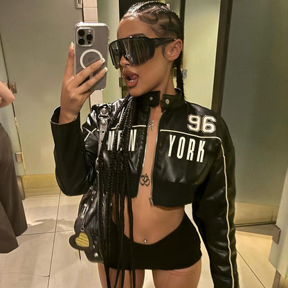 Fashionable Letter Printed PU Leather Jacket For Women