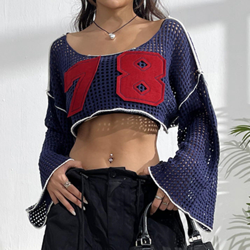 Women's Flared Sleeve Cropped Sexy Short Casual Hollow Sweater