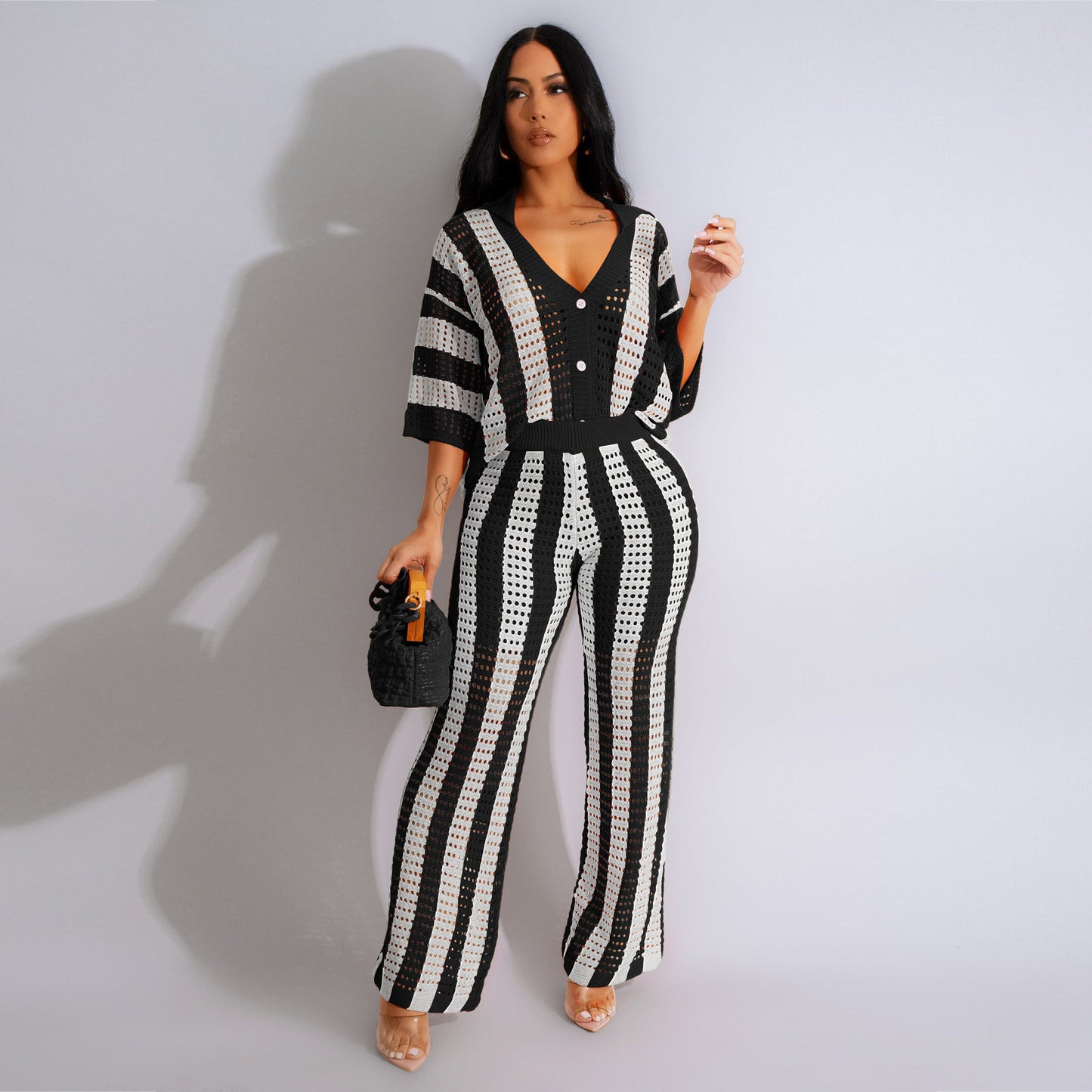 Women's Sexy V-neck Hollow Striped Lapel Knitted Width Blouse And Pants