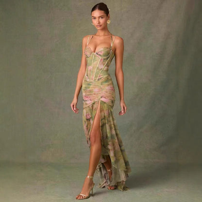 Sling Pleated Print Fishbone Waist Split Sheath Fishtail Fairy Dress