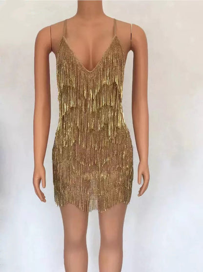 Sexy Deep V Rhinestone Tassel Bulk Evening Gown