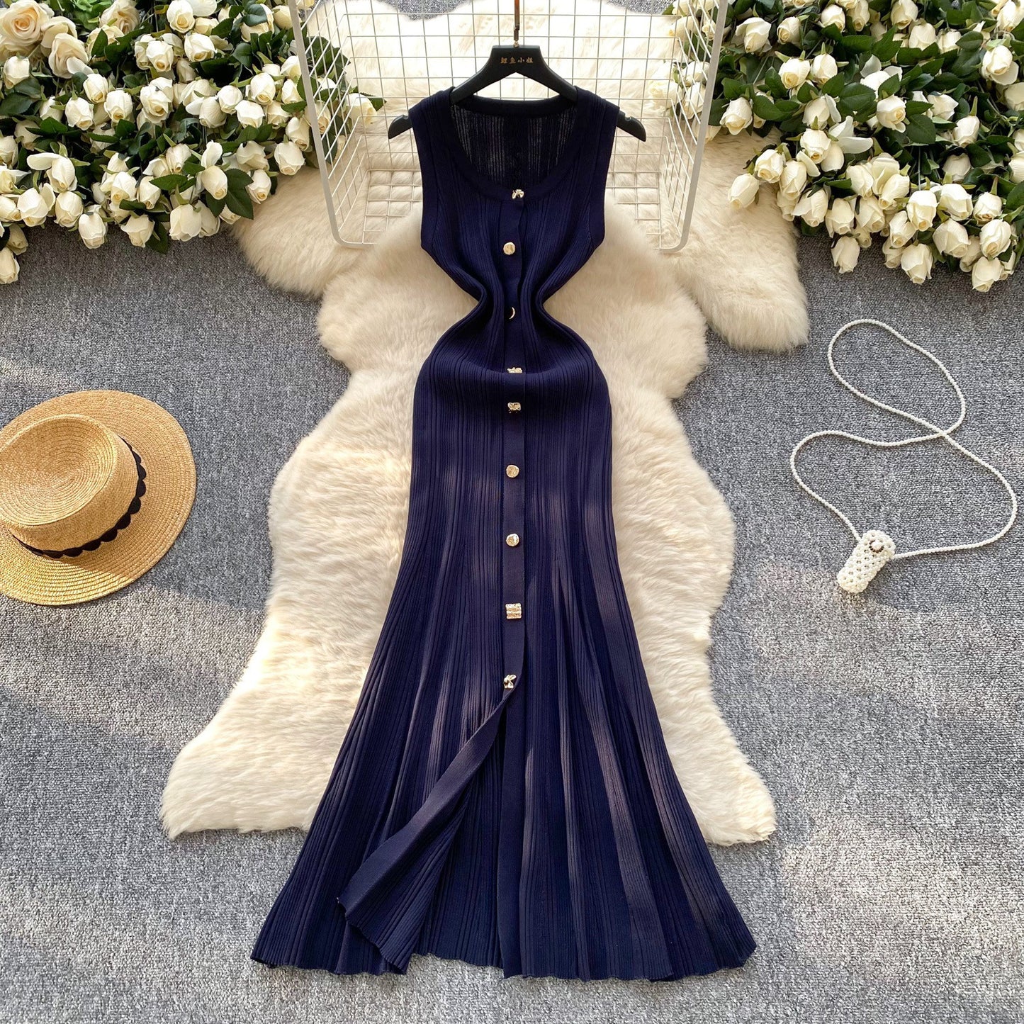 High-grade Round Neck Sleeveless Knitted Dress Women's Slim Fit