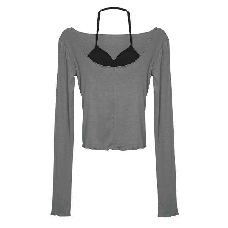 Dongdaemun Figure Halterneck Vest And Slightly Transparent Big Collar Long Sleeve T-shirt Two-piece Set