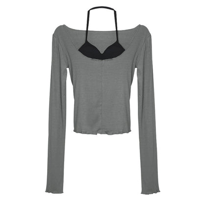 Dongdaemun Figure Halterneck Vest And Slightly Transparent Big Collar Long Sleeve T-shirt Two-piece Set