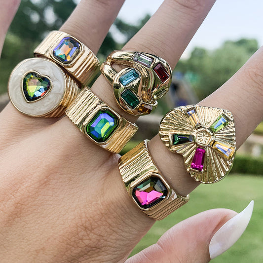 Colorful Crystals Oil Drop Peach Heart Crystal Ring