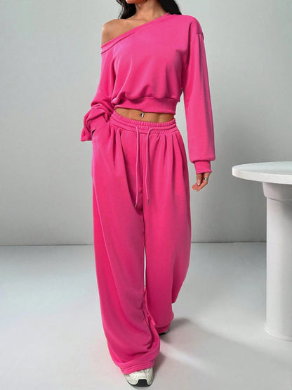 Women's Fashion Slim-fit Off-the-shoulder Navel Solid Color Casual Pants Suit