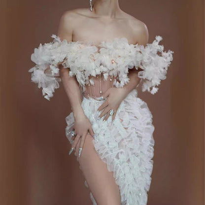 High Slit White Mesh Design Dress