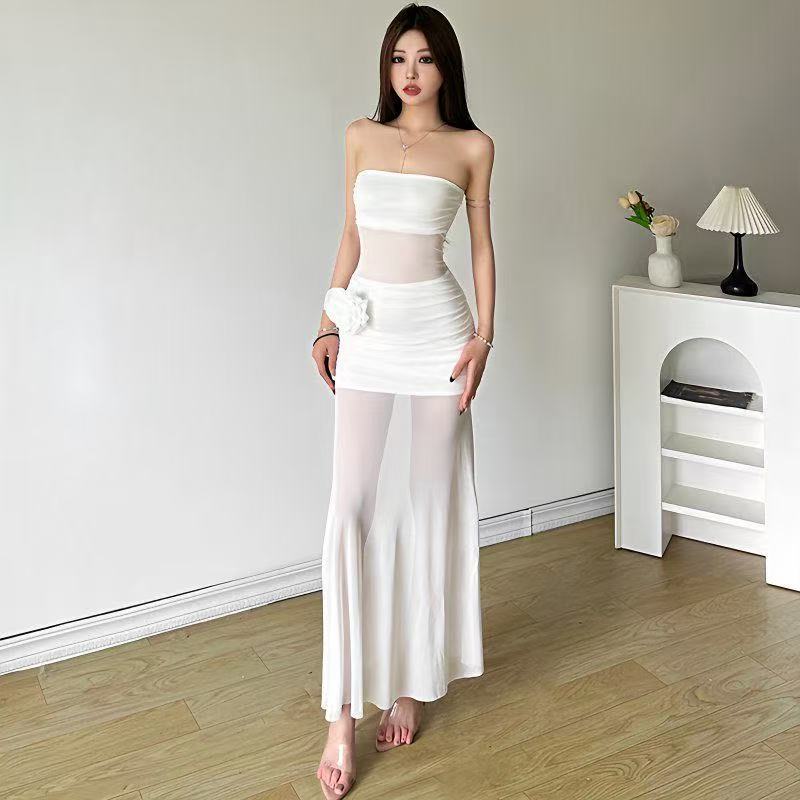 Three-dimensional Rose Mesh Stitching Tube Top Dress