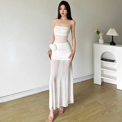 Three-dimensional Rose Mesh Stitching Tube Top Dress