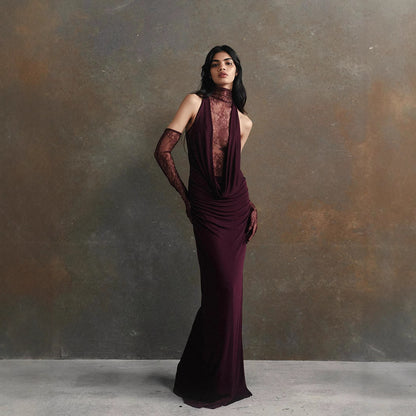 Halter Lace Stitching Sexy Deep V Hot Girl Pleated Evening Dress