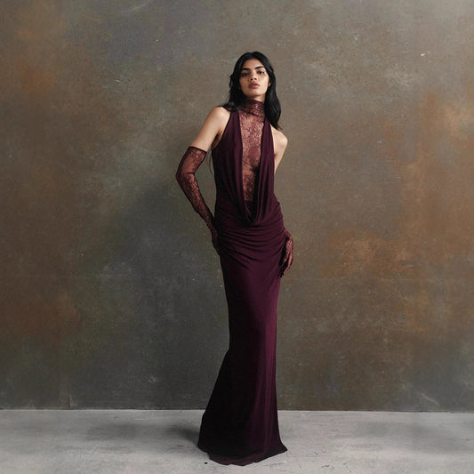 Halter Lace Stitching Sexy Deep V Hot Girl Pleated Evening Dress