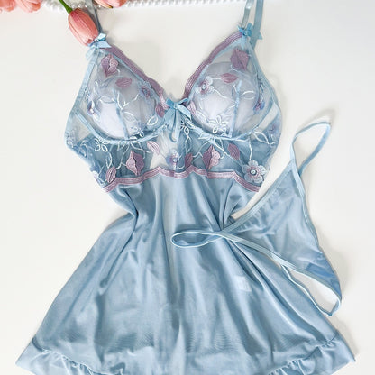 Embroidered Mesh Stitching Mesh Pajamas