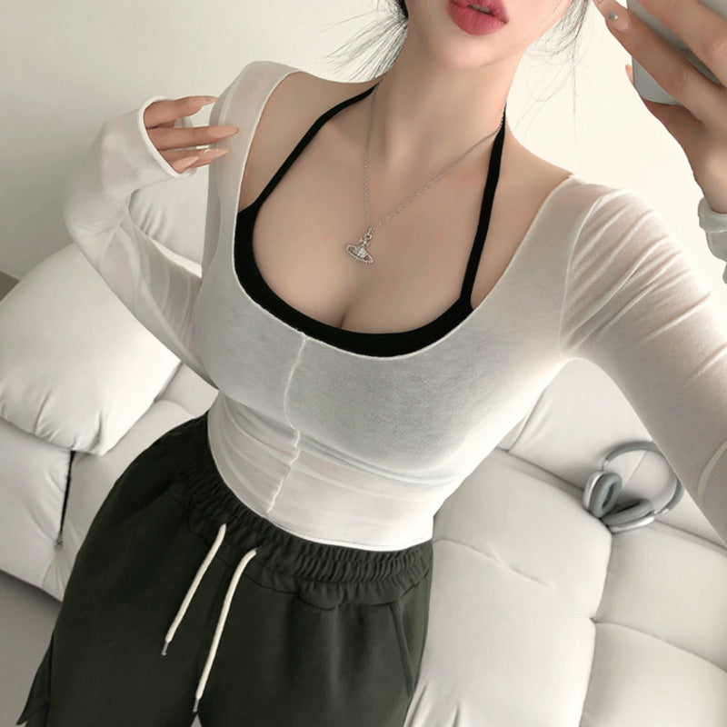 Dongdaemun Figure Halterneck Vest And Slightly Transparent Big Collar Long Sleeve T-shirt Two-piece Set