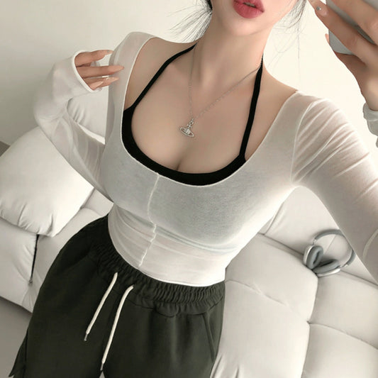 Dongdaemun Figure Halterneck Vest And Slightly Transparent Big Collar Long Sleeve T-shirt Two-piece Set