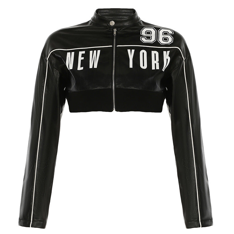 Fashionable Letter Printed PU Leather Jacket For Women