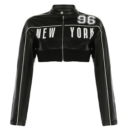 Fashionable Letter Printed PU Leather Jacket For Women