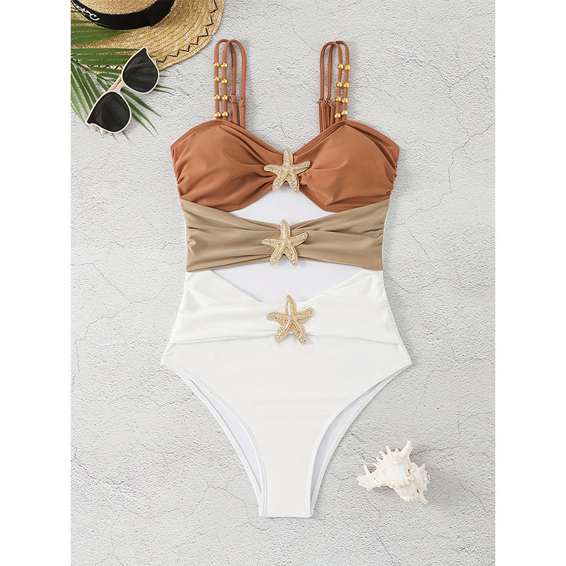 Fashion Stitching Metal Buckle One-piece Swimsuit