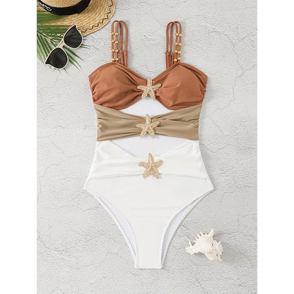 Fashion Stitching Metal Buckle One-piece Swimsuit