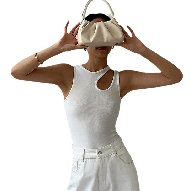 Summer Round Neck Side Irregular Hollow-out Women's Solid Color Top