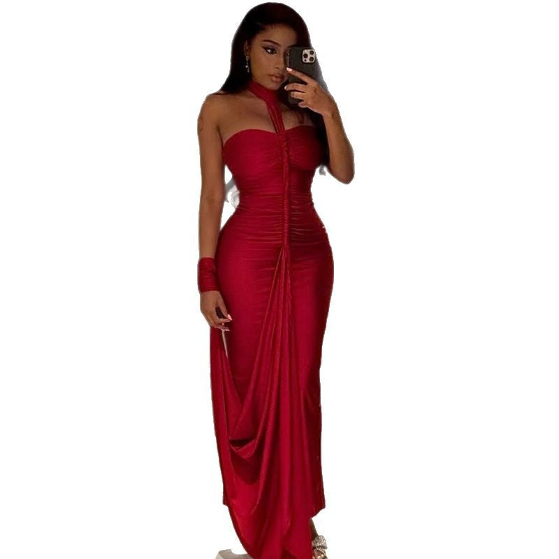 Backless Lace-up Tube Top Hip Skirt Off-neck Pleated Dress