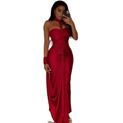 Backless Lace-up Tube Top Hip Skirt Off-neck Pleated Dress