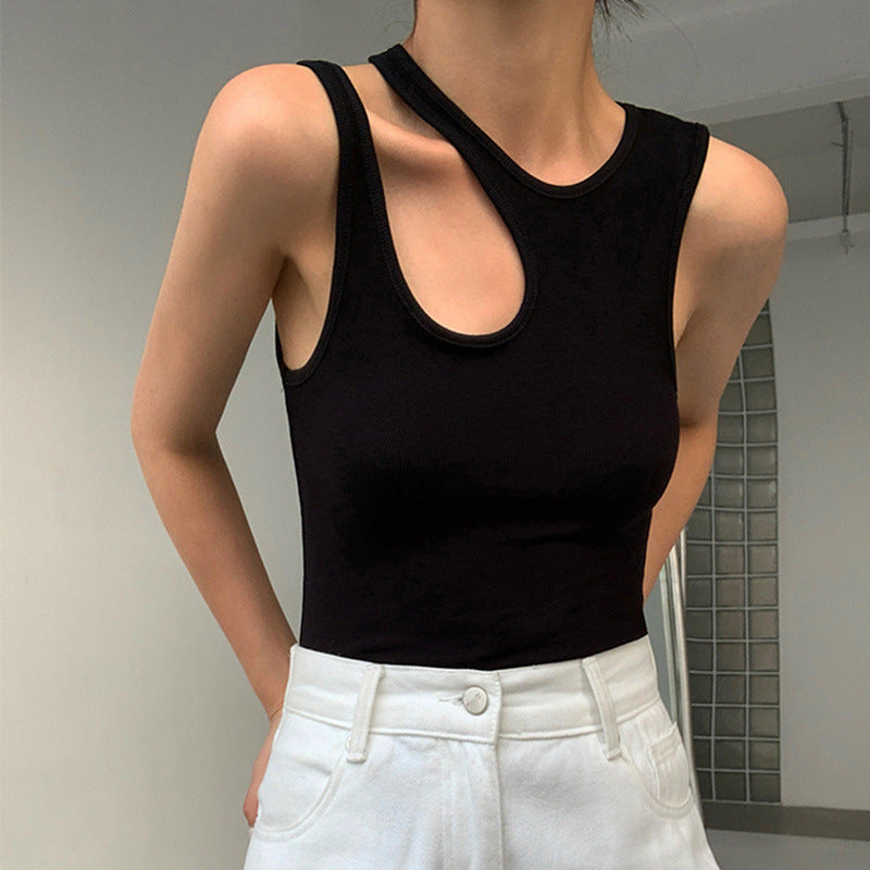 Summer Round Neck Side Irregular Hollow-out Women's Solid Color Top