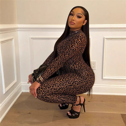 All-match Sexy Hot Girl Leopard Print Long Sleeve Jumpsuit